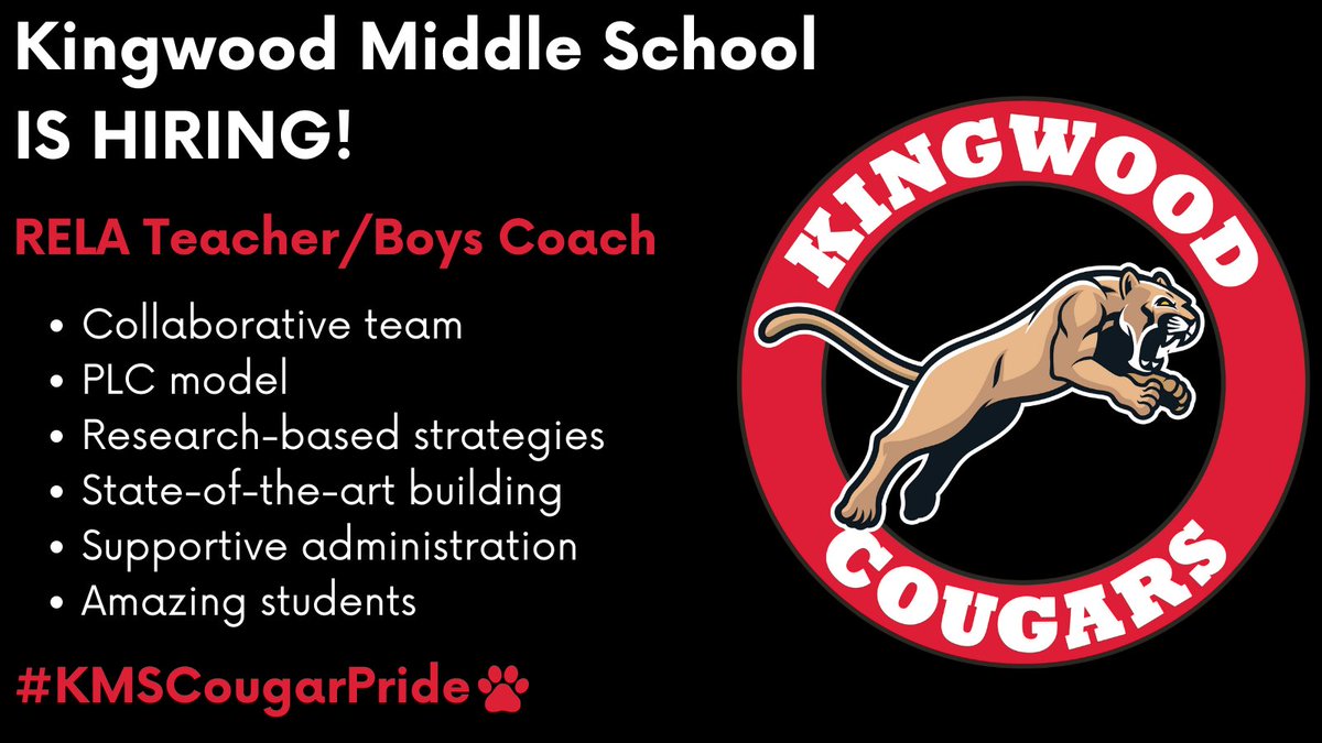 🌟 Are you looking to make a positive impact on students, facilitate their academic growth, and work with an amazing staff? KMS is hiring a 7th grade RELA Teacher/Boys Coach for the 2024-2025 school year! DM, email, or apply online at bit.ly/KMSJobs2024 #KMSCougarPride