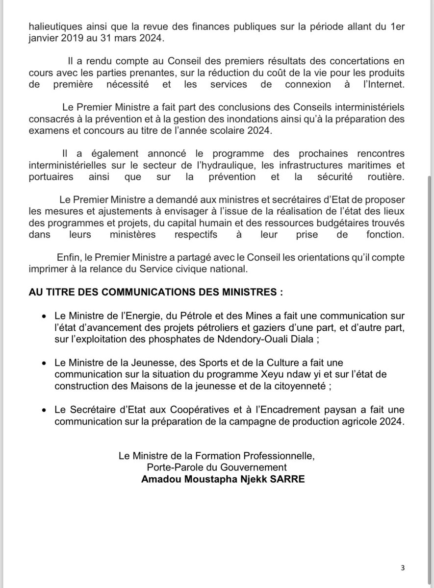 NjekkSarre's tweet photo. ����Communiqué du conseil des ministres du mercredi 22 mai 2024 https://t.co/5i7Vnxm9bu