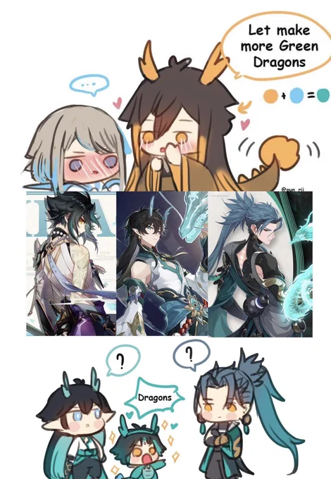 Guili Family Version 🤣🤣🤣 #guili #guizhong #guilifamily 
Morax is really productive 🤣🤣🤣
poor Guizhong 
When 🔶+💠=💚 
(Yellow + Blue = Green !) 