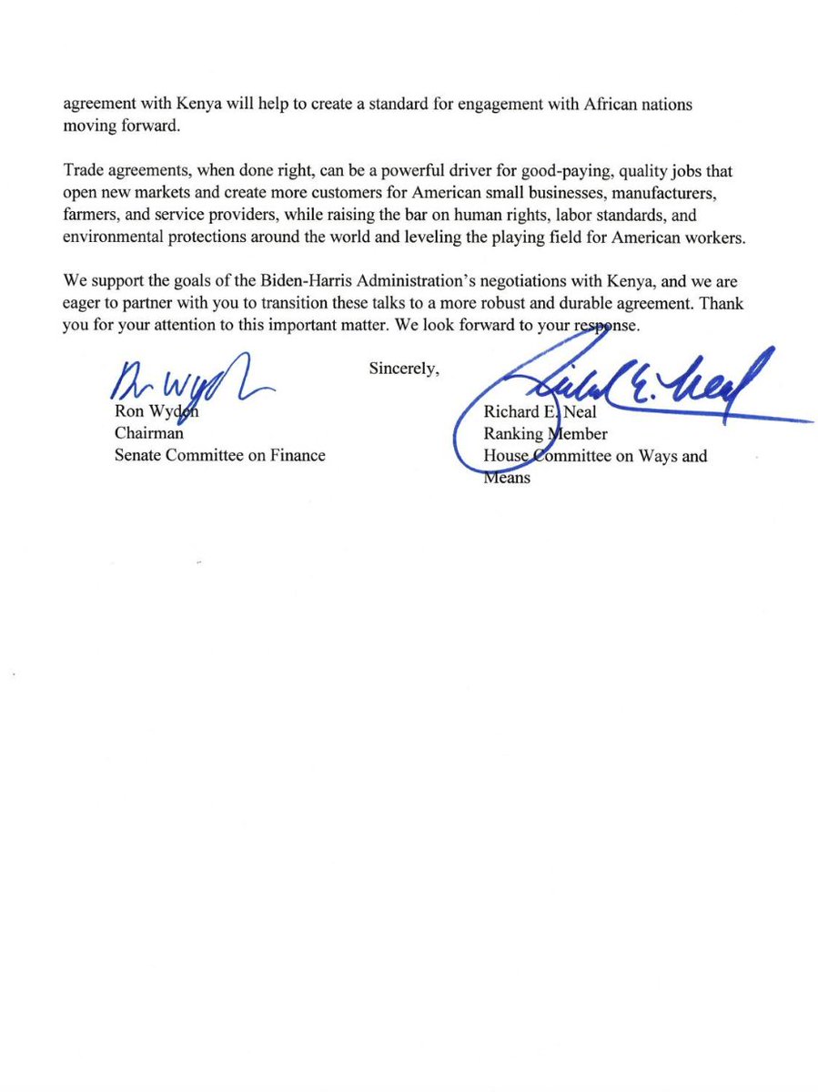 Senate Finance Chairman <a href="/RonWyden/">Ron Wyden</a> and House W&amp;M Chairman <a href="/RepRichardNeal/">Rep. Richard Neal</a>  call for USTR to expand its STIP to a FTA. Ruto has likely been pushing the case in Congress today and will likely continue to do so during his meeting with President Biden tmr.