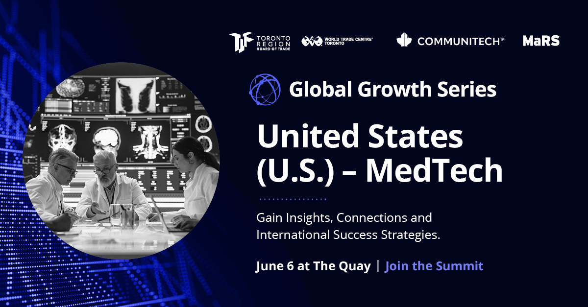 Want to break into the U.S. MedTech market? Join us on June 6 for an exclusive summit to empower Canadian businesses! Partnered with @WCT_TO & @MaRSDD. Part of the Global Growth Series. Gain expert insights & network with leaders in the field. Limited seats available - Register