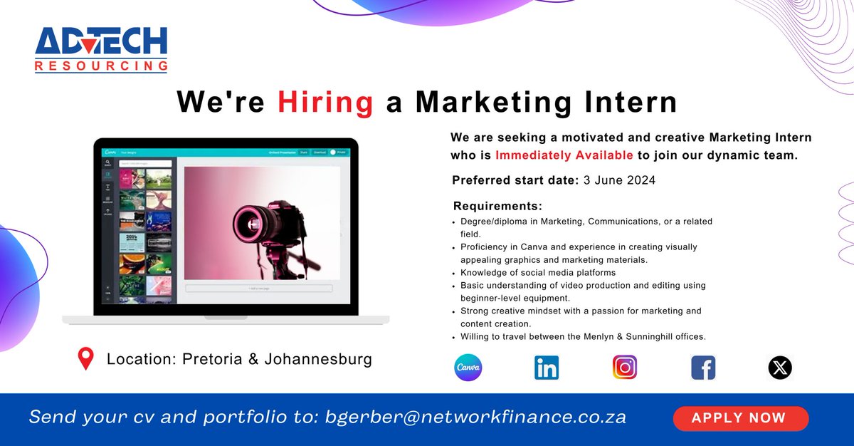 Marketing Intern

Closing date: 3rd June
Location: Pretoria and Johannesburg

Requirements:
▪ See advert for details

Interested? Please apply as per details on the advert

#xahumbarecruitment #hiringandpromotion #microbusiness #pps #humanresources #jobseekers #jobsearch