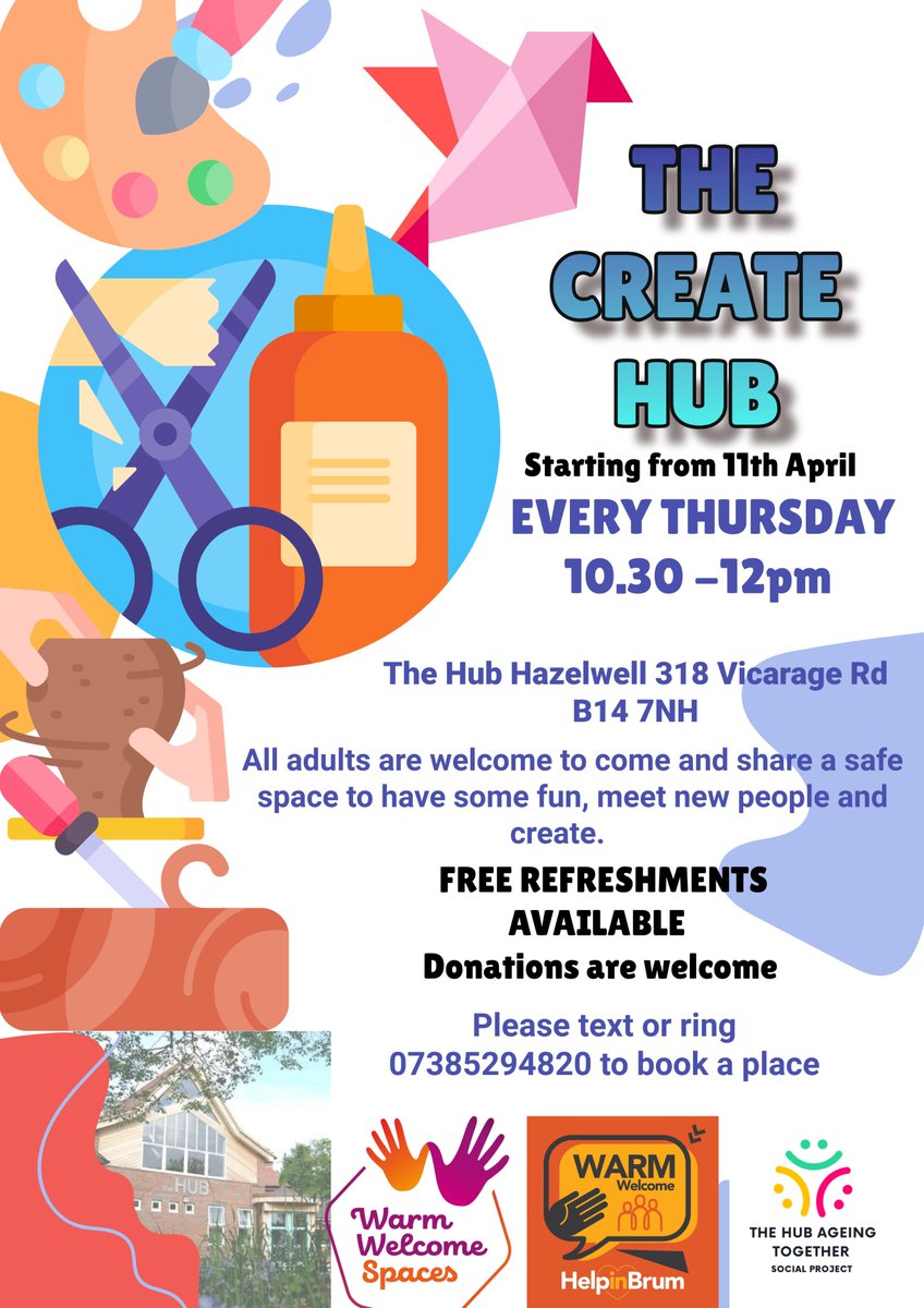Hub_AgeTogether's tweet photo. Just a reminder this Thursday Create Hub session is going to be about creating a scrape book from scratch. We are really eager to learn how to bind a book and to see how they turnout. @WarmWelcome_UK  @BhamCityCouncil https://t.co/8LI58SAl9p