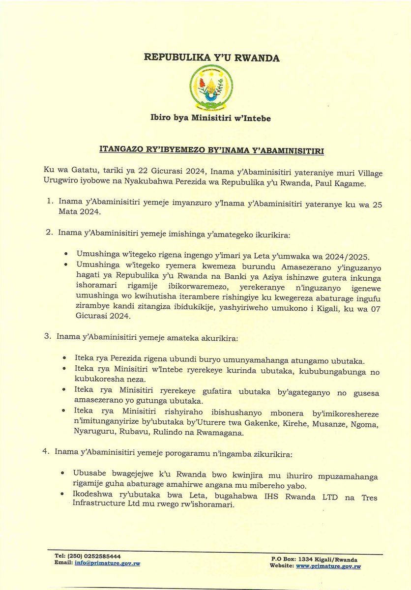 PrimatureRwanda's tweet photo. Itangazo ry'Ibyemezo by'Inama y'Abaminisitiri yo ku wa 22 Gicurasi 2024 https://t.co/3pcF0dERxt