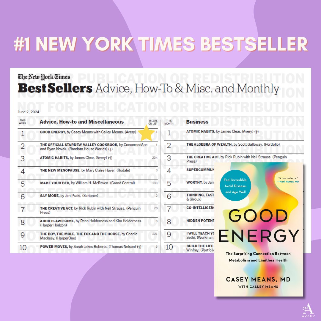 We are thrilled to announce that #GoodEnergy by @CaseyMeansMD & @calleymeans is a #1 @nytimes bestseller! 🎉🥳🎉🥳🎉 caseymeans.com/goodenergy