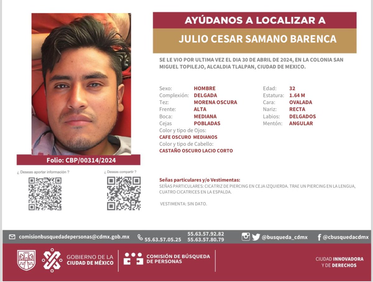 Ayuda a difundir, por favor. 🙏 

¡Hasta encontrarle!

#PersonaDesaparecida  #Tlalpan