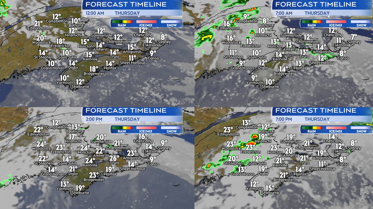 Feeling like a summer evening for many communities in the region. Mild, partly cloudy, and with fog patches tonight. Rounds of rain/showers come across NB tomorrow, very intermittent but a higher chance of t-storms with them. Chance of showers PEI and eastern NS through the day.