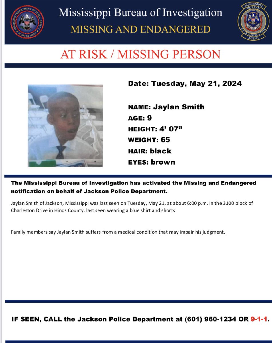 Canceled Missing/Endangered Child Alert.
The Missing/Endangered Child Alert issued for Jaylan Smith has been canceled.  He has been located and is safe.