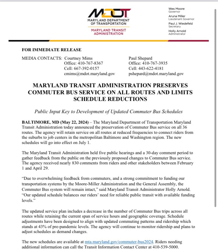 Another example of what this year’s transportation funding deal was for: instead of eliminating 25% of all @mtamaryland commuter bus routes, all will be retained.
