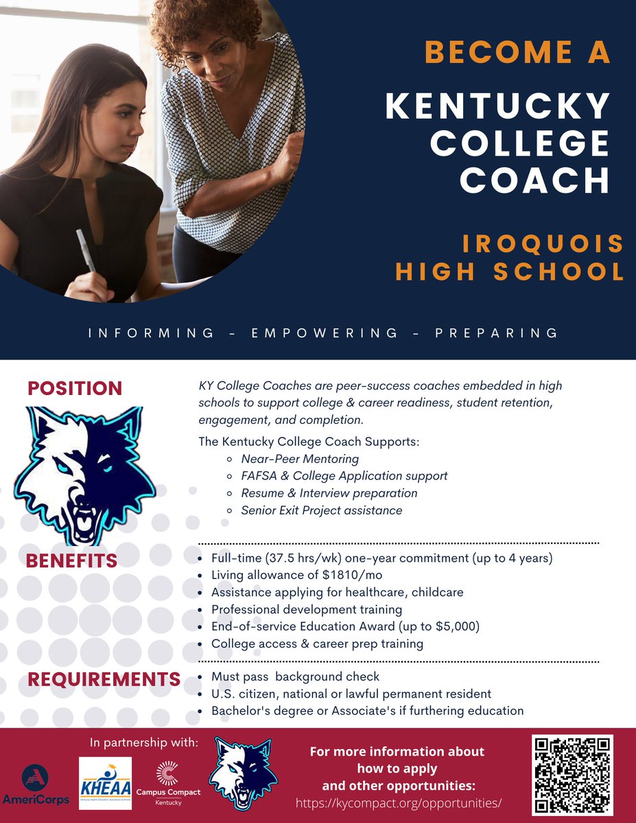 We want to hire for 2024-25 #IroquoisHighSchool College Coach! Visit kycompact.org for more info! #KentuckyCollegeCoaches #KyCC #EngageKY #AmeriCorps #GetThingsDone #Education #CollegeAccess #StudentSuccess #CommunityImpact
