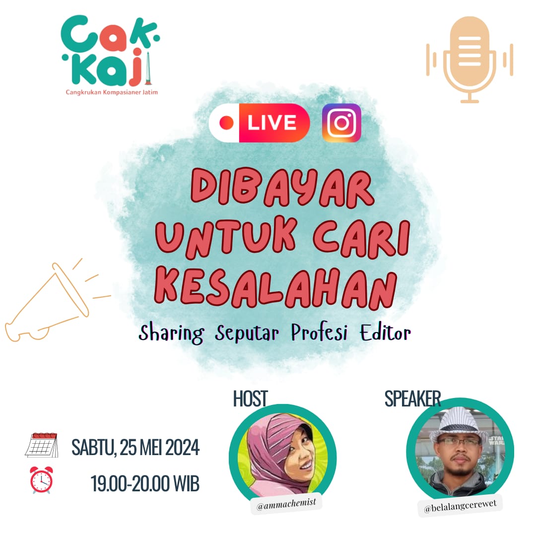 CAK KAJI JATIM (@cak_kaji_jatim) on Twitter photo Biasanya cari kesalahan identik dengan hal negatif yang mesti dihindari. Tapi ada loh kegiatan cari-cari kesalahan tapi malah dapat bayaran. Penasaran bagaimana cara jadi editor tulisan? Catat tanggalnya, Sabtu 25 Mei 2024 <a href="/belalangcerewet/">editor banjir honor</a> dan @ammachemist Biasanya cari kesalahan identik dengan hal negatif yang mesti dihindari. Tapi ada loh kegiatan cari-cari kesalahan tapi malah dapat bayaran. Penasaran bagaimana cara jadi editor tulisan? Catat tanggalnya, Sabtu 25 Mei 2024 <a href="/belalangcerewet/">editor banjir honor</a> dan @ammachemist