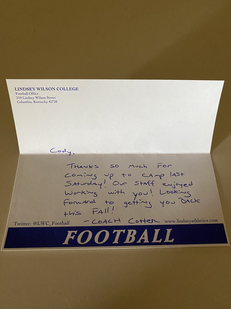 Thank you @Coach_CotterLWC for the letter! Can’t wait to come back this fall! @LWC_Football @CoachJEvans_9 @CoachKleckler @ACMav4Life @acmavrecruiting @CodeBlue7on7 @NCEC_Recruiting @CWilson_NPA @BuckFitz @jabaridavis_VFL