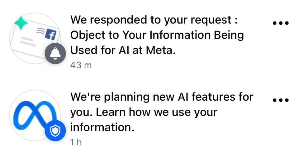 Icemanmodeler's tweet image. FB is sending notifications that your personal data will be used to train AI and u can opt out!!! 
If you receive a notification about this try to opt out!!!
#NoAI #LegislateAI #CreateDontScrape #Facebook #AIAct #AIAuthority #AI #AIPlagiarism #Meta