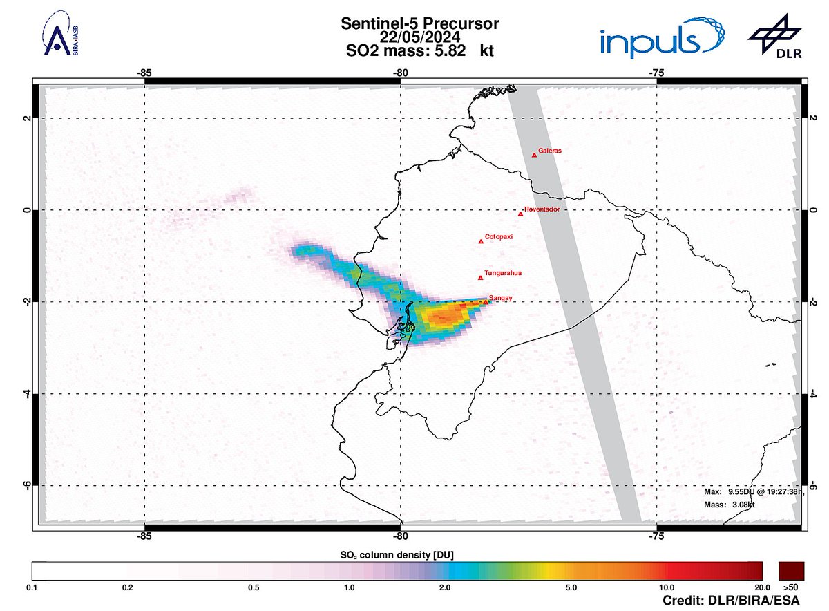 On 2024-05-22 #TROPOMI has detected an enhanced SO2 signal of 9.55DU at a distance of 49.8km to #Sangay. Other nearby sources:  #Tungurahua #Cotopaxi #Reventador. #DLR_inpuls @tropomi #S5p #Sentinel5p @DLR_en @BIRA_IASB @ESA_EO #SO2LH