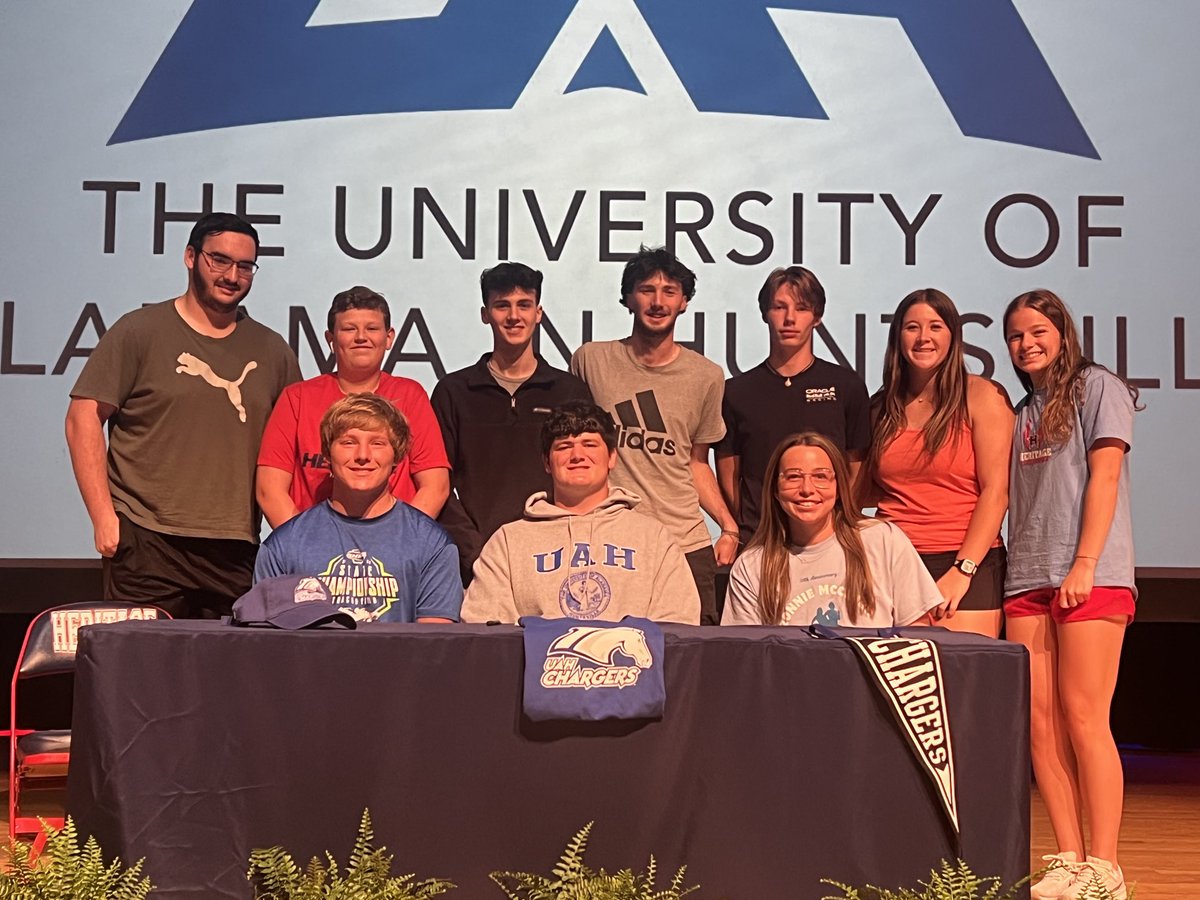 Congratulations to Rhett McDonald (middle) on his signing with the University of Alabama Huntsville to continue his academic and athletic career as a thrower on their track &amp; field team. He leaves Heritage High School as our school record holder in both shot put &amp; discus