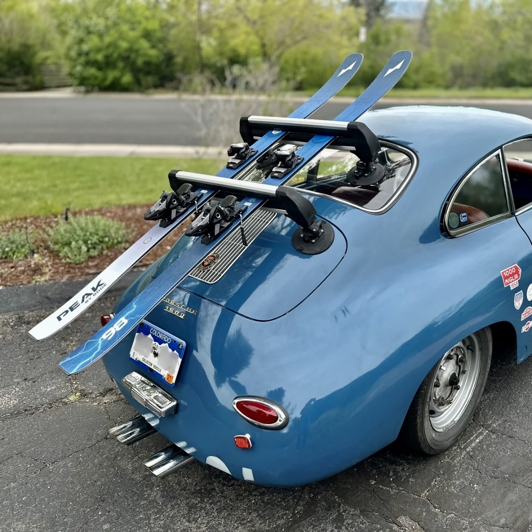 Peak 98s by Bode strapped to the back of a 1958 Porsche 356 -the trailblazer in high-performance vehicles. Just feels right.