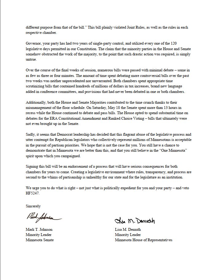 House and Senate GOP leaders have sent a letter to the Governor urging a veto of the 1,432 page bill that wasn't even available to see online until after Democrats forced a vote on it.