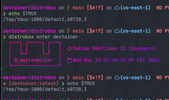 TIL distrobox mounts your /tmp directory, so once you start tmux you end up with the same tmux socket in all the places.
