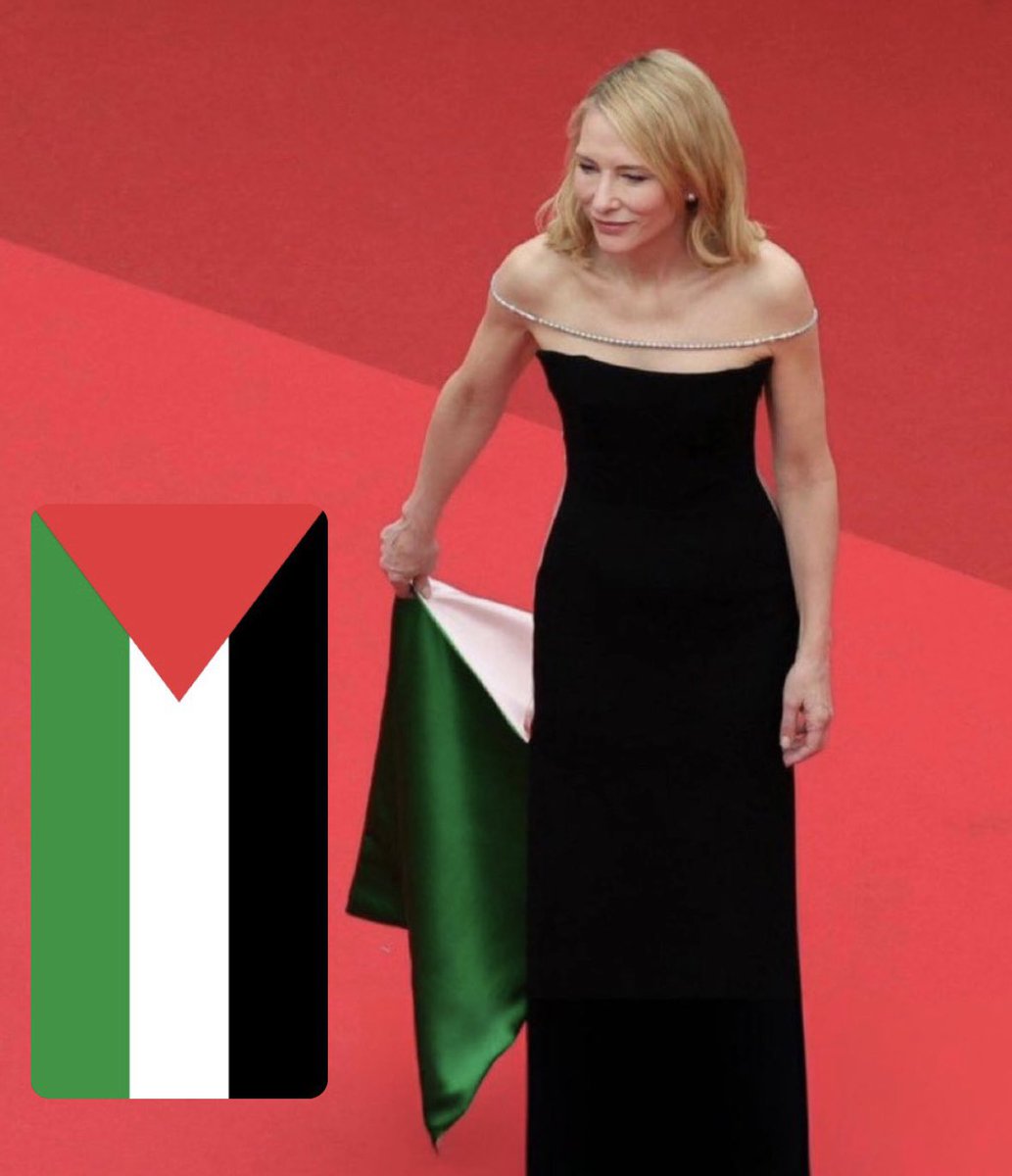 Dear Cate Blanchett,
 
Wearing Hamas colors wouldn’t have saved you at the Nova Music Festival.

The actress held out a green and light pink part of her dress and when juxtaposed with the red carpet and the black dress appears like the Palestinian flag.