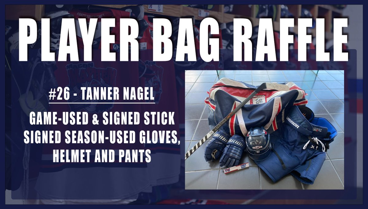 MaconMayhem's tweet photo. 🚨 Calling all Tanner Nagel fans -> His 2023-24 Gear & Player Bag is being raffled currently on @win_with_DASH. Player Bag includes a game-used and signed stick, signed gloves, signed helmet, and pants.
BUY your raffle tickets NOW: https://t.co/OFrsofgCUm
#BattleEveryShift https://t.co/9KFCpTxs7q