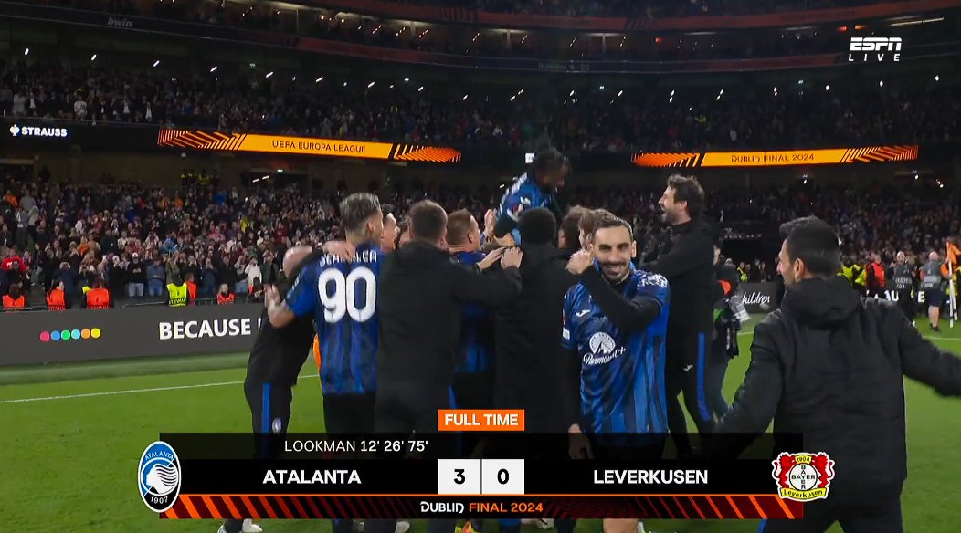 FT Atalanta 3 Bayer Leverkusen 0. Atalanta are Europa League champions! #UELFinal #UEL #ATAB04 #AtalantaBayer