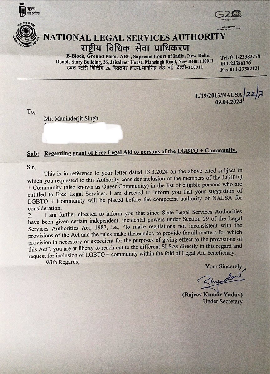 Urgent Call for all LGBTQIA+ Organisations, Activists and Representatives in India, to make representations for FREE Legal Services to the members of LGBTQIA+ in India. 
I am ready and willing to share format of the representations/request letters. 

🙏🏼🌈🏳️‍🌈