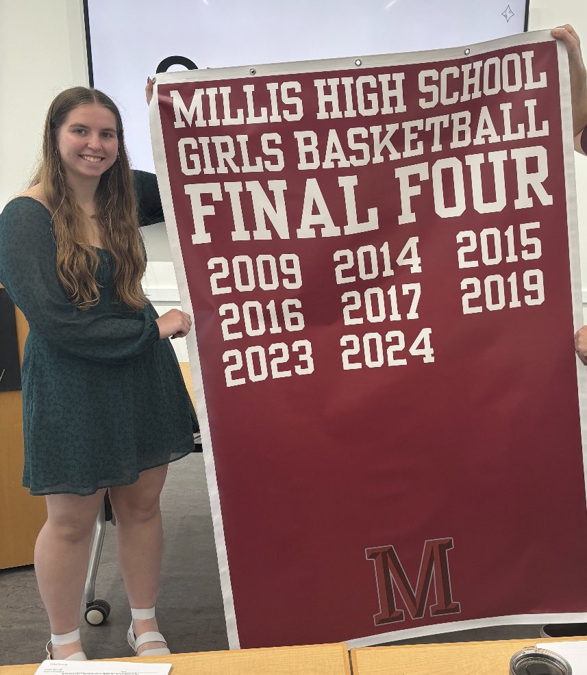 Shoutout to <a href="/HaileyBassett2/">Hailey Bassett</a>! Her senior project raised the funds needed for a brand new banner, which recognizes past district (and now called Final 4) titles. Thanks Bass for everything you gave to this program! 
<a href="/MillisAthletics/">Millis Athletics</a> <a href="/millishigh/">Millis High School</a>