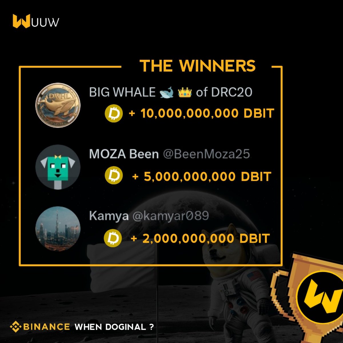 Wuuwfinance's tweet photo. Hey 🦴❤️

We present to you the winners of last week's competition. 
$Dbit ( @DBITDRC20  ) will be sent to these competition participants respectively.

🥇@bigwhale143 
🥈@BeenMoza25628 
🥉@kamyar089 

Congratulations to you 🙌😊

https://t.co/BGSRNbQDwG

Are you ready for the next competition? 🌝

#WUUW #DBIT $DOGI $WEN 
#DOGINALS #RUNE #OKX #BINANCE #BITGET  #DRC20 #COINRANKING