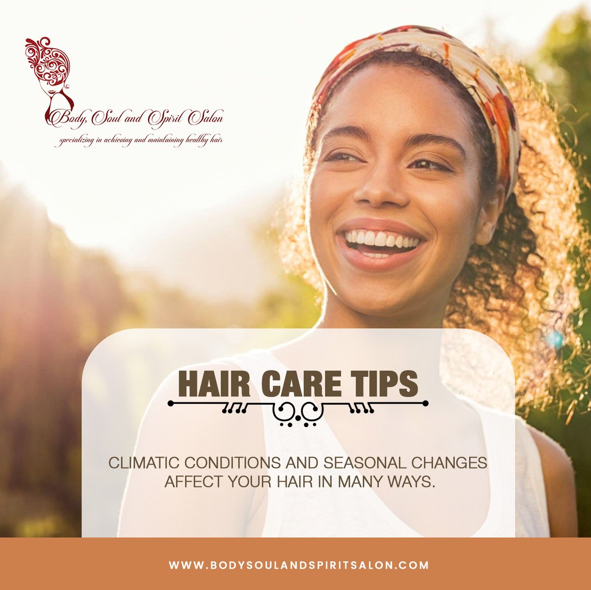 Hair Care Tips: 

Climatic conditions and seasonal changes affect your hair in many ways.

#HairCareTips #BodySoulSpirit #DidYouKnow #HairGoals #HairCare #HealthyHair