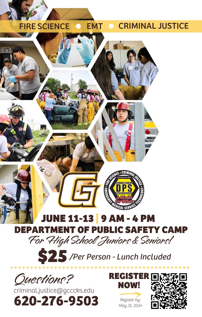 REMINDER!! The registration deadline is approaching. The GCCC Department of Public Safety invites high school juniors and seniors to a three-day summer camp on 📅June 11-13. 🟡Register HERE: gcccks.formstack.com/forms/public_s….