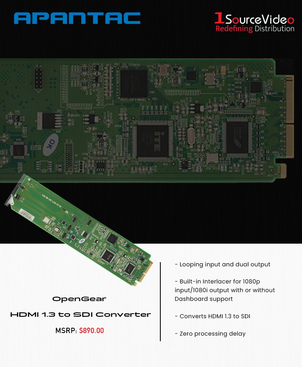 This Converter Module Set from @Apantac converts HDMI 1.3 to SDI and supports DashBoard interface and optional SNMP!

#1SourceVideo #Apantac #OpenGear #convertermoduleset #HDMItoSDI #signalconversion #SDI #HDMI #filmmaking #videoproduction #distribution #RedefiningDistribution