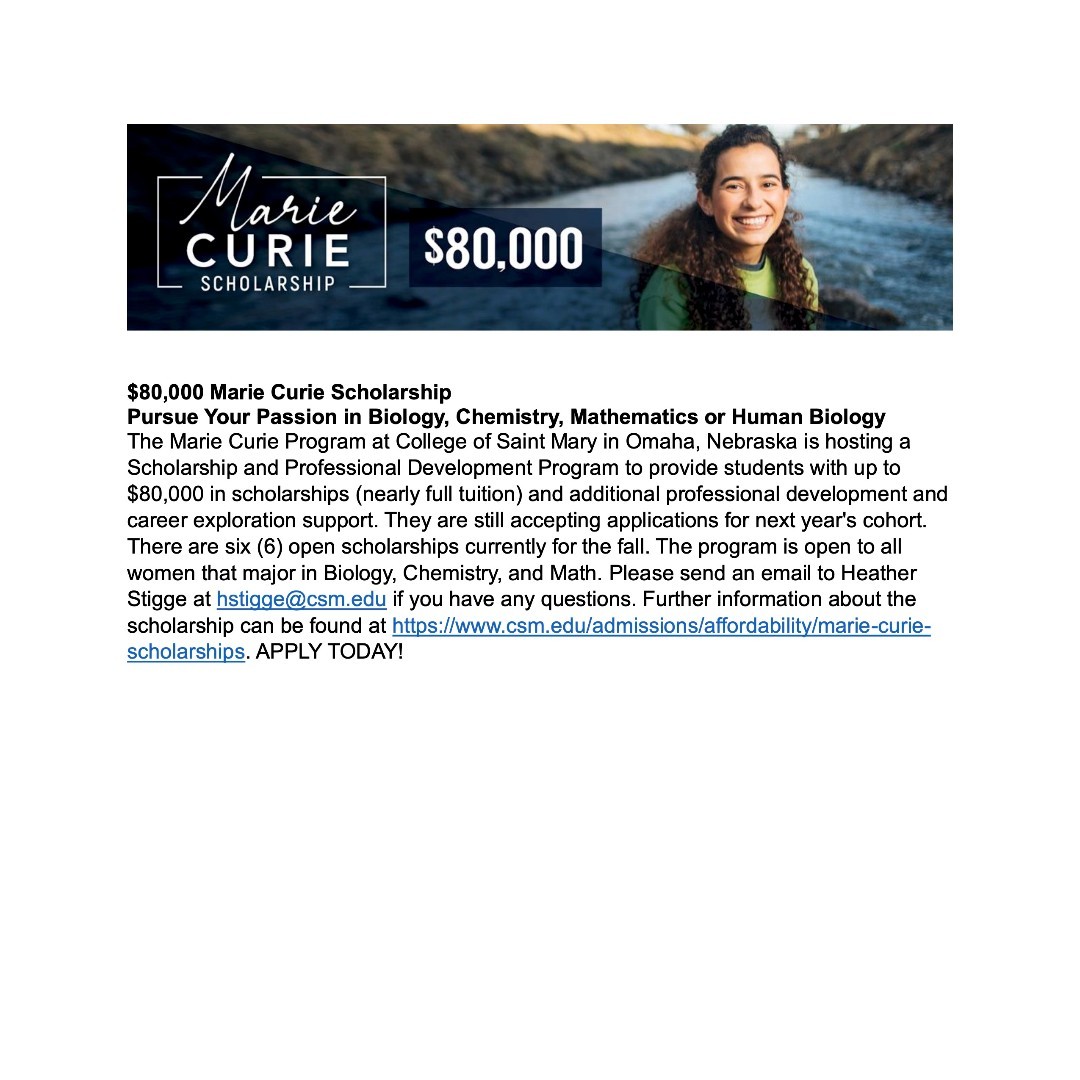 The WCC would like to promote the Marie Curie Scholarship at College of Saint Mary in Omaha, Nebraska. Click on the link below to learn more! ow.ly/eylA50RNY5a