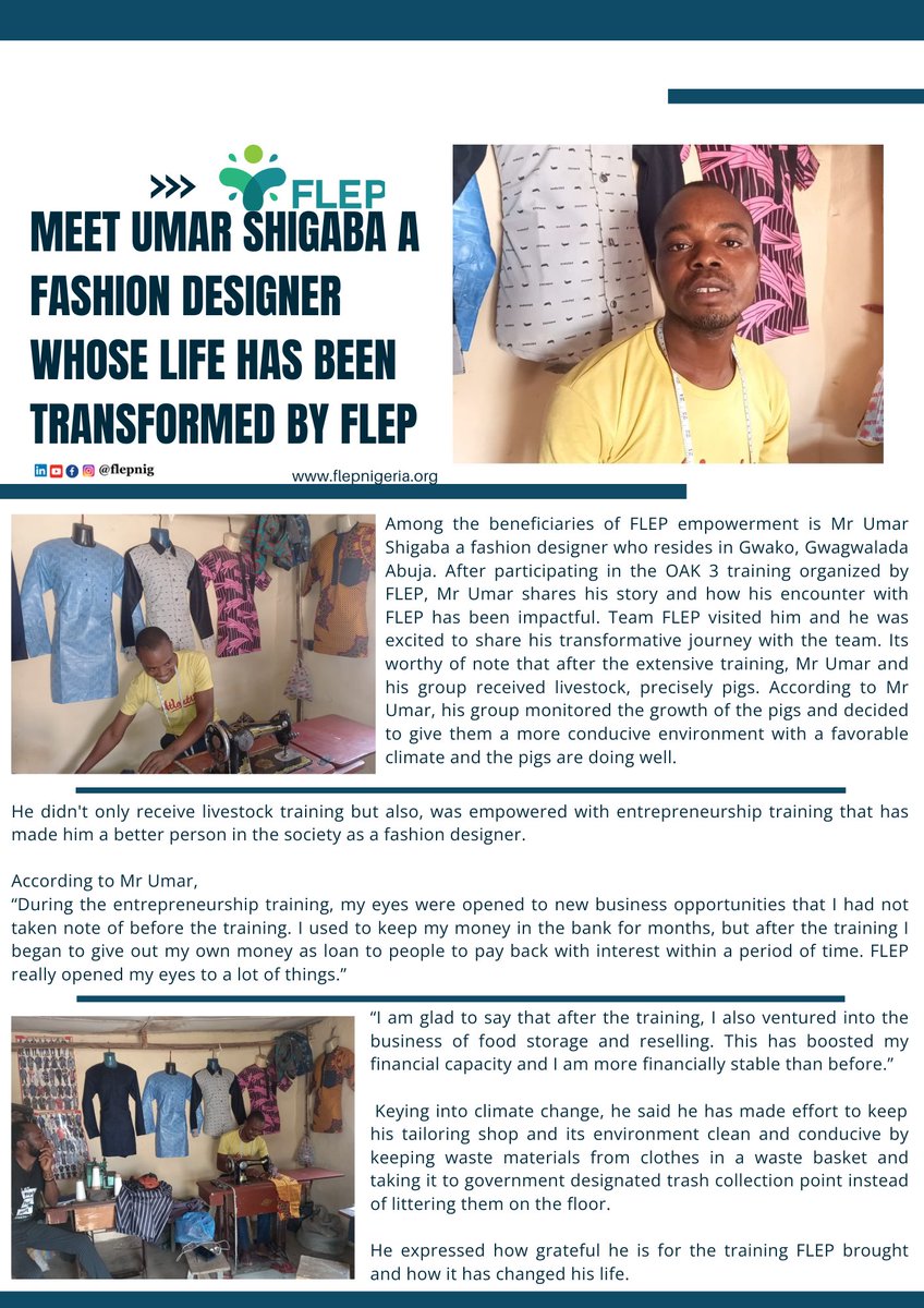 FlepNig's tweet photo. Meet Mr Umar Shigaba a fashion designer, one of @FlepNig beneficiary whose life has been transformed. 

#empowerment #economicempowerment #abujango #foundation https://t.co/Tj3Mkq2JRm