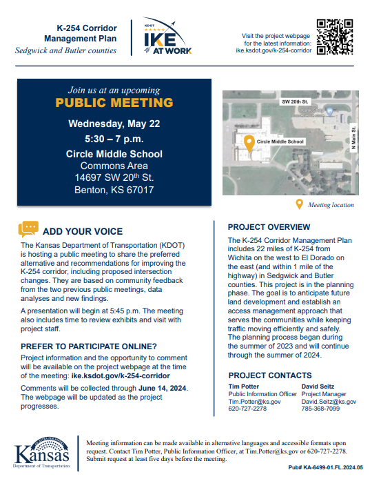 Tonight, 5:30 - 7 p.m., join us at the public meeting for the K-254 Corridor Management Plan at Circle Middle School (14697 SW 20th St.). Attendees will be able to review exhibits that describe the preferred alternatives and recommendations. Visit: ike.ksdot.gov/public-meeting….