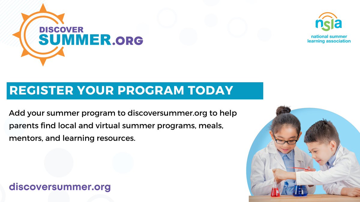 🌞 Reminder to all program providers: Make sure your summer activities are featured on NSLA's DiscoverSummer.org for 2024. Connect with families looking for diverse summer options for their children. Submit your details now: bit.ly/4cxs7Qy #DiscoverSummer