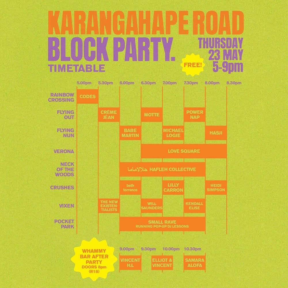 Undertheradar (@undertheradarnz) on Twitter photo The K Road Block Party timetable has been revealed — FREE fest of local music heroes happening at Crushes, <a href="/FlyingNun/">Flying Nun Records</a>, <a href="/FlyingOutMusic/">Flying Out</a>, <a href="/notwaucklandnz/">Neck of the Woods</a>, Verona, Vixen & the Rainbow Crossing + free afterparty at Whammy Bar 🎉
Head along and celebrate your community TONIGHT! The K Road Block Party timetable has been revealed — FREE fest of local music heroes happening at Crushes, <a href="/FlyingNun/">Flying Nun Records</a>, <a href="/FlyingOutMusic/">Flying Out</a>, <a href="/notwaucklandnz/">Neck of the Woods</a>, Verona, Vixen & the Rainbow Crossing + free afterparty at Whammy Bar 🎉
Head along and celebrate your community TONIGHT!