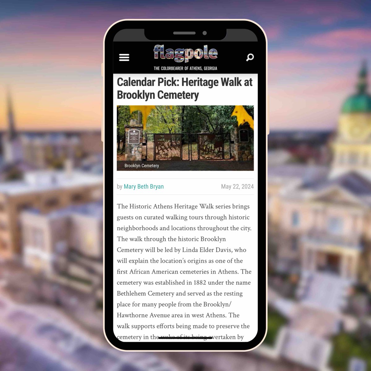 NEWS: “Calendar Pick: Heritage Walk at Brooklyn Cemetery” via Flagpole and Mary Beth Bryan. Thank you, Flagpole, for choosing us as the pick of the week! Hope to see you all at the Heritage Walk this Saturday! Grab your tickets here: historicathens.ticketspice.com/hahw-spring24