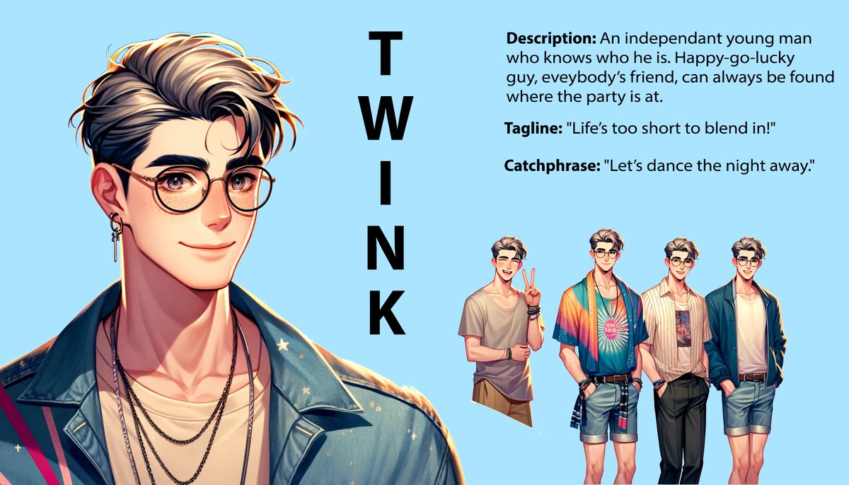 gamebunnydev's tweet image. Character concept: meet one of our Castagays, Twink! to brunch or not to brunch ... or kiki, that is the question #Castagays #twink #gamedev #gay #LGBT #gaygame #indiegamedev #GayRomanceAdventure #LGBTQGaming #GaySurvivalQuests #GaySurvivalStory