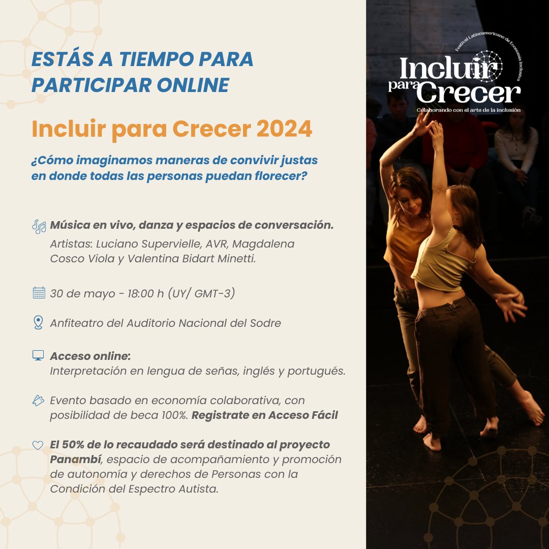 FestivalEcoInc's tweet photo. ¡Estás a tiempo para participar online!

¿Cómo imaginamos maneras de convivir justas en donde todas las personas puedan florecer?

Música en vivo, danza y espacios de conversación.
30 de mayo, 18 h. Evento accesible.

🎟️ Registrate https://t.co/fkzanN33rr https://t.co/obk9T4x0SI