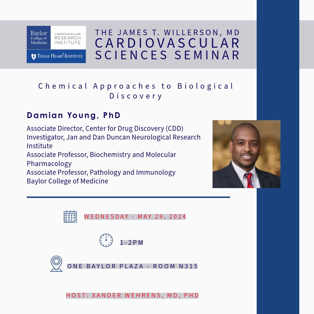 Mark your calendars for Wednesday, May 29th, from 1-2pm. Join us for the #JTWillersonCVSeminarSeries featuring Dr. Young. #cardiovascularresearch For more information, contact cvri@bcm.edu.