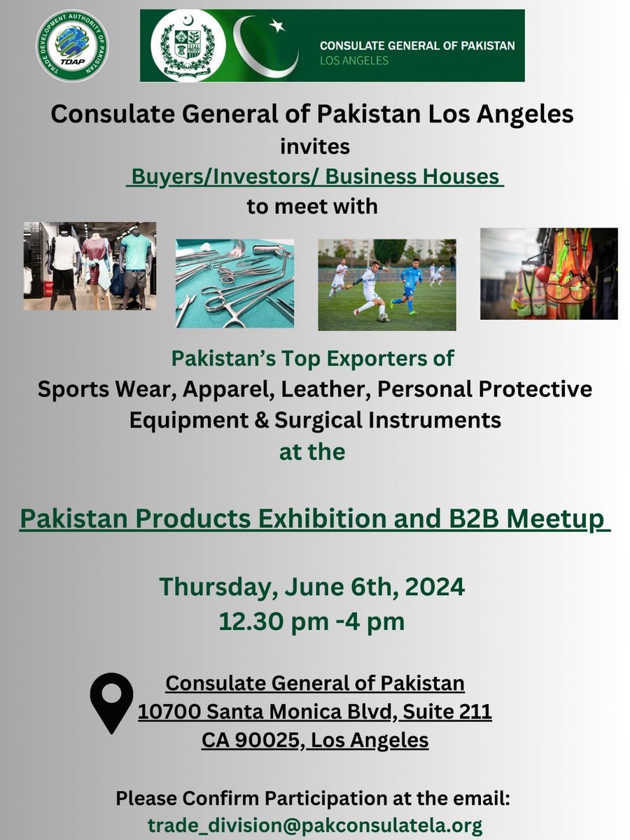 We will be hosting #Sportsgoods and #SportsWear #SurgicalGoods #PPE #SME #Trade delegation for @sccisialkot at the @PakinLosAngeles for their Product Exhibition and B2B meetings. Business houses/ Buyers / Investors based in #LosAngeles are invited to visit and meet with our