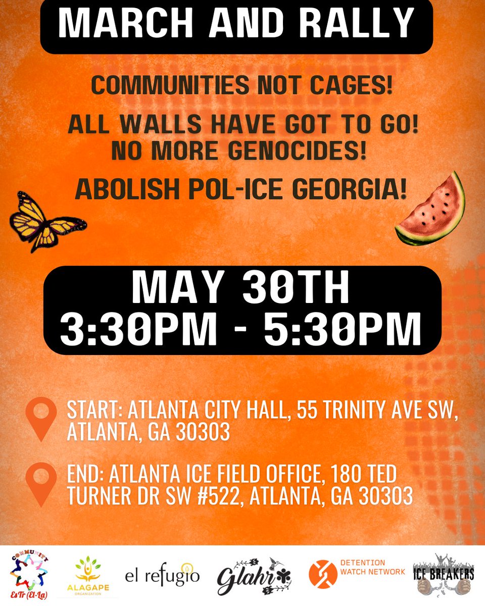 Join us in Atlanta on May 30! We’ll march and rally at City Hall and the ICE Field Office to protest the police state, anti-immigrant sentiment, and demand a ceasefire in Gaza.
Demands: End ICE detention, ceasefire in Gaza, stop ‘Cop City.’ #StopCopCity #CeasefireNow