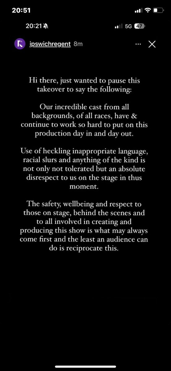 No <a href="/IpswichRegent/">Ipswich Regent Theatre</a> that’s NOT acceptable-the FIRST thing YOU should be doing is informing your future audiences of GREASE that a cast member was RACIALLY abused whilst performing in the production and it is a crime to which you are taking steps to track down the perpetrator!!