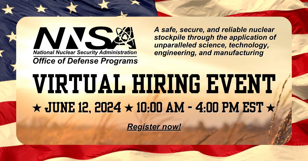 #NNSA is hosting a virtual job fair June 12 from 10-4 EST‼️ We're seeking general engineers, physical scientists, and program managers for opportunities in Washington, DC, Germantown, MD, and Albuquerque, NM. 
Register now: app.brazenconnect.com/a/NNSA/e/eoYQj…
#JobSearch #Career #Hiring