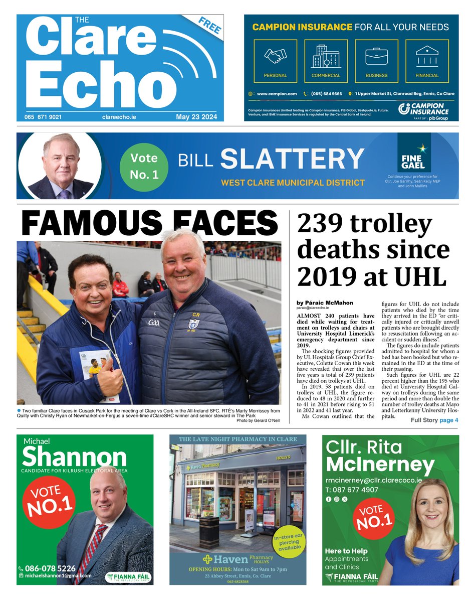 In this week's Clare Echo:
- 239 deaths on trolleys in UHL since 2019
- Clare Cup final feature
- Save Ennis Town sends out strong message
- Youngest candidate declares in Clare #LE24
- Targets for Killaloe Bridge & Bypass opening

This & more in the county's most read newspaper!