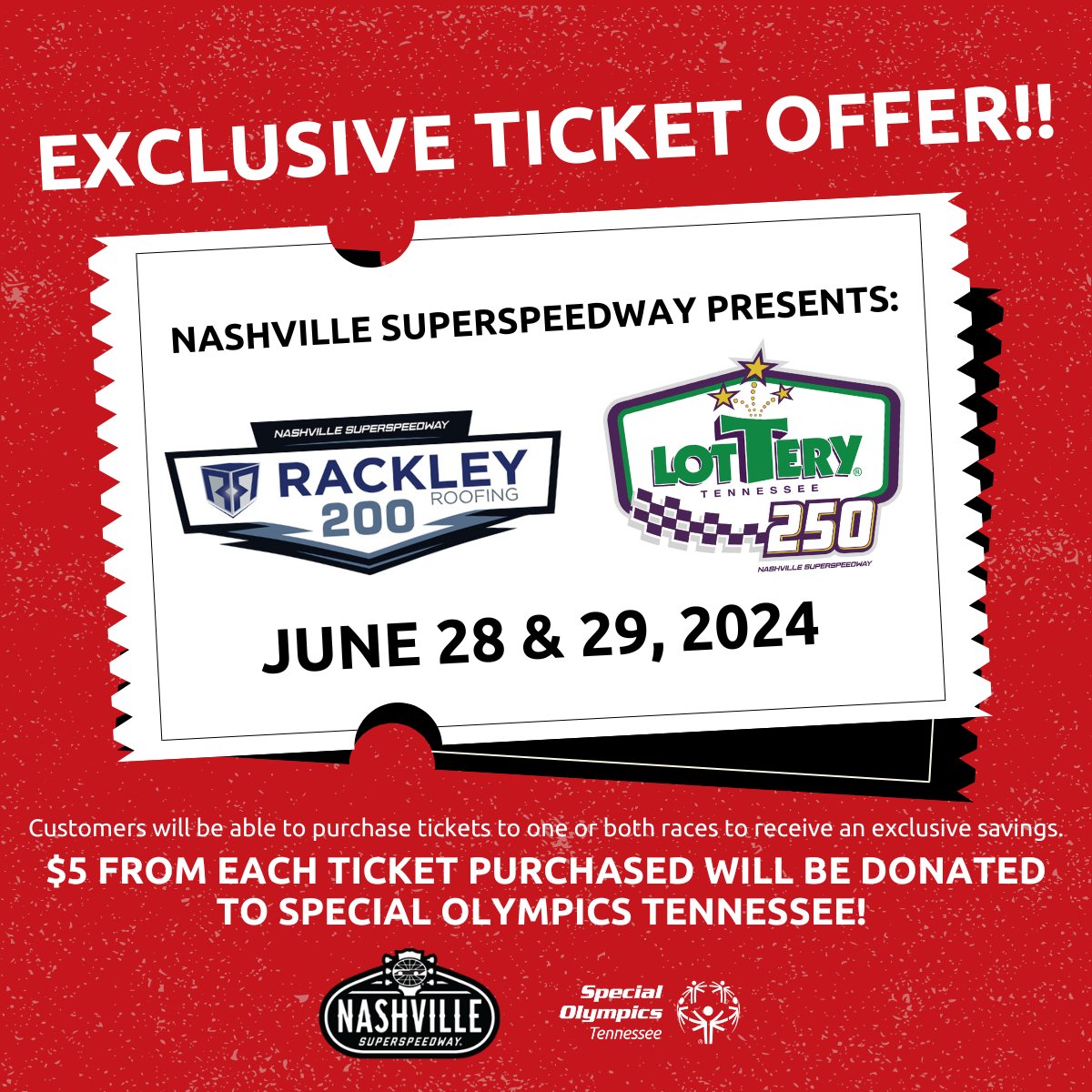 Our friends at @NashvilleSuperS are partnering with us to offer an exclusive ticket offer to the Tennessee Lottery 250 Xfinity Race Series & Rackley Roofing 200 Craftsman Truck Series Race. $5 from each ticket purchased will be donated to SOTN Buy tix: fevo-enterprise.com/group/specialo…