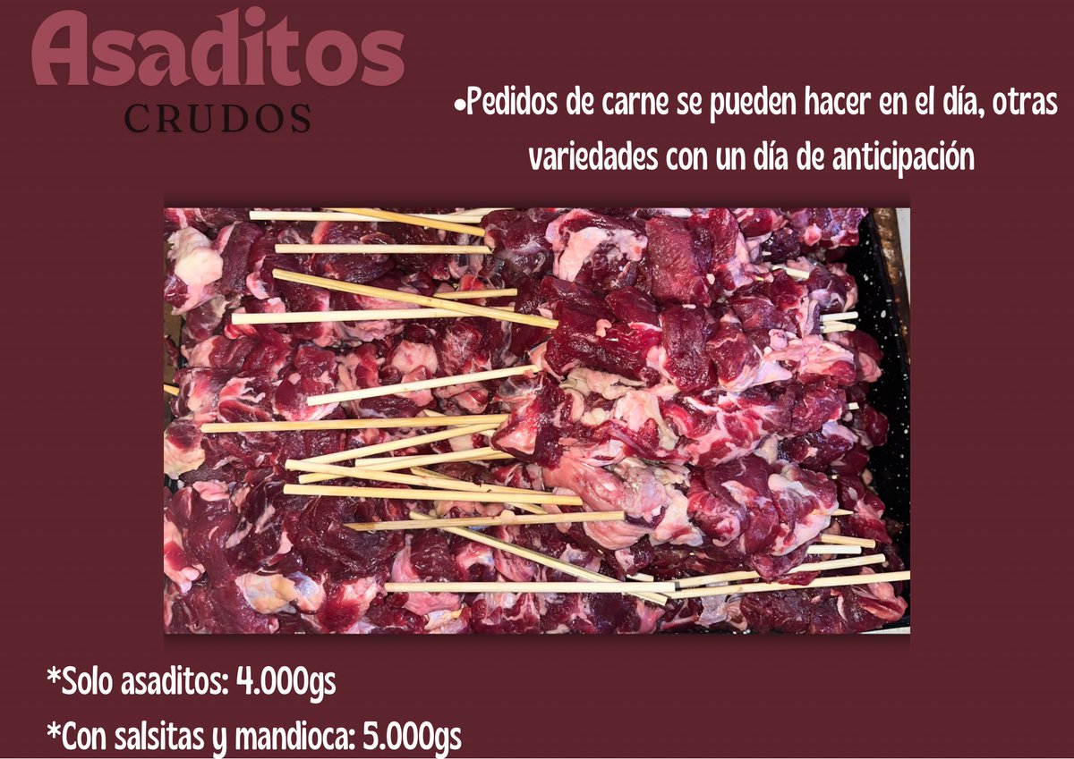 Asaditos crudos a la venta 🤩🙏🏼
📲Pedidos p/ delivery o pasar a buscar: 0984.068.526 (link directo en biografía)
💰Métodos de pago: Efectivo y transferencia bancaria.
📍Pedro Juan Caballero esq Rio Tebicuary (detrás mismo del superseis Lambare)