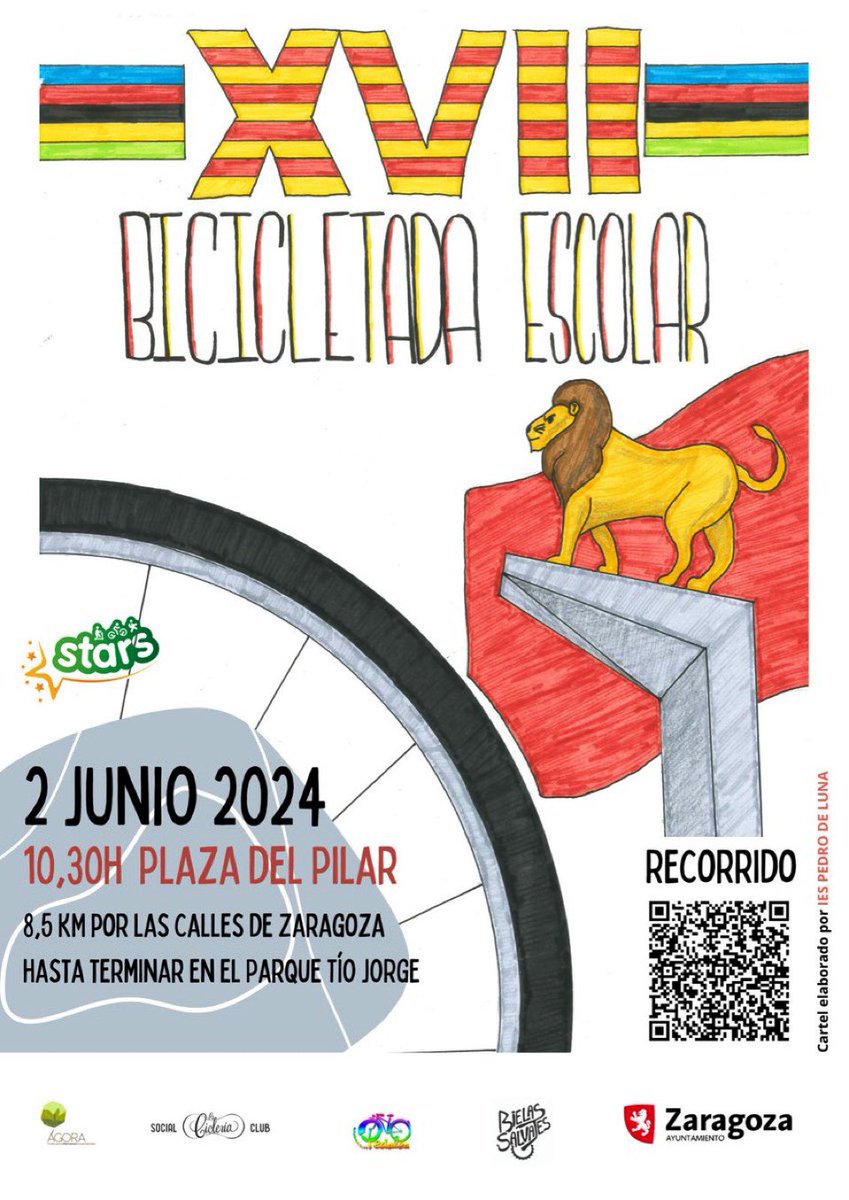 🚲AMPA Informa, desde la Asociación os animamos a participar en:

XVII BICICLETADA ESCOLAR

Fecha: domingo 2 de junio

Hora: 10:30h

Lugar: Plaza del Pilar, junto a la bola del mundo.

Recorrido: 8,5 km por las calles de Zaragoza