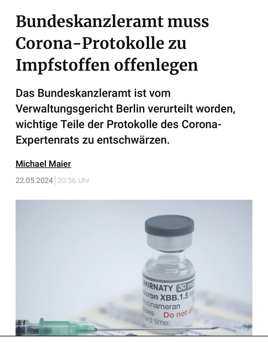 Ein wichtiger Teilerfolg von @Aufdecker in Sachen #CoronaAufarbeitung: „Das Verwaltungsgericht Berlin hat das Bundeskanzleramt verurteilt, einem klagenden Arzt Zugang zu bisher geschwärzten Protokollen des Corona-Expertenrates zu gewähren. In der Entscheidung, die der