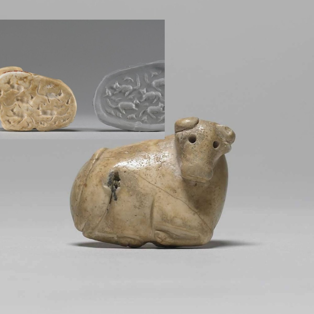 A Mesopotamian stamp seal, 3200-2900 BC. The upper portion is shaped like a reclining calft, but the stamp itself delightfully portrays a collection of cats. Collection & Credit. Walters Art Museum.